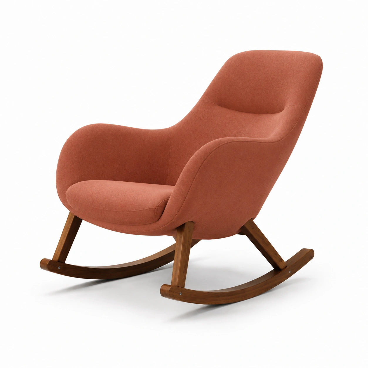 Silla mecedora de tela terracota con base de madera