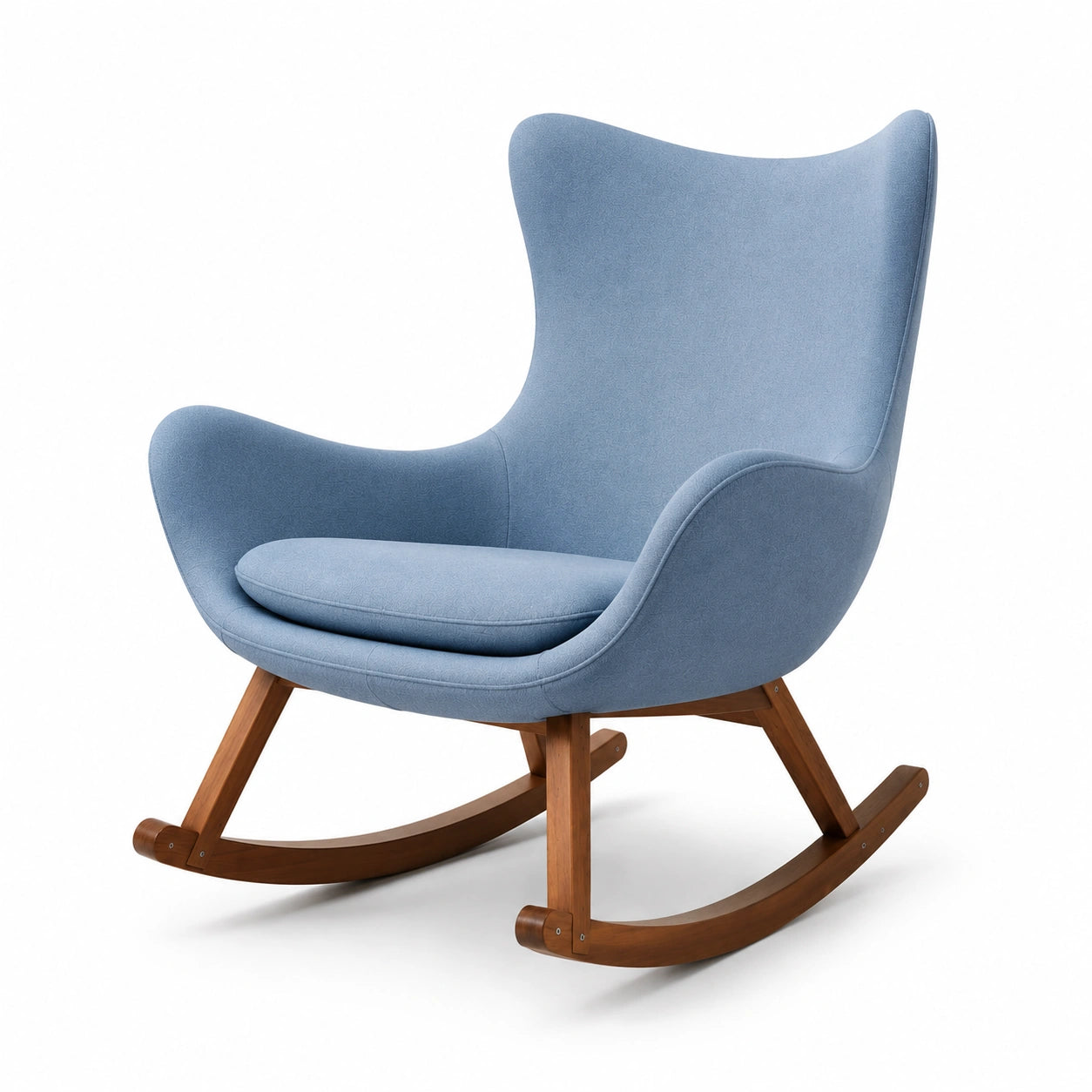 Silla mecedora de tela azul con base de madera
