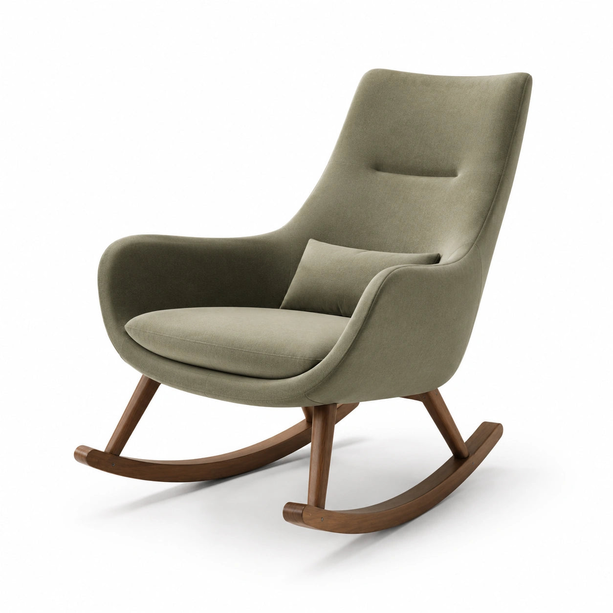 Silla mecedora de tela verde oliva con base de madera