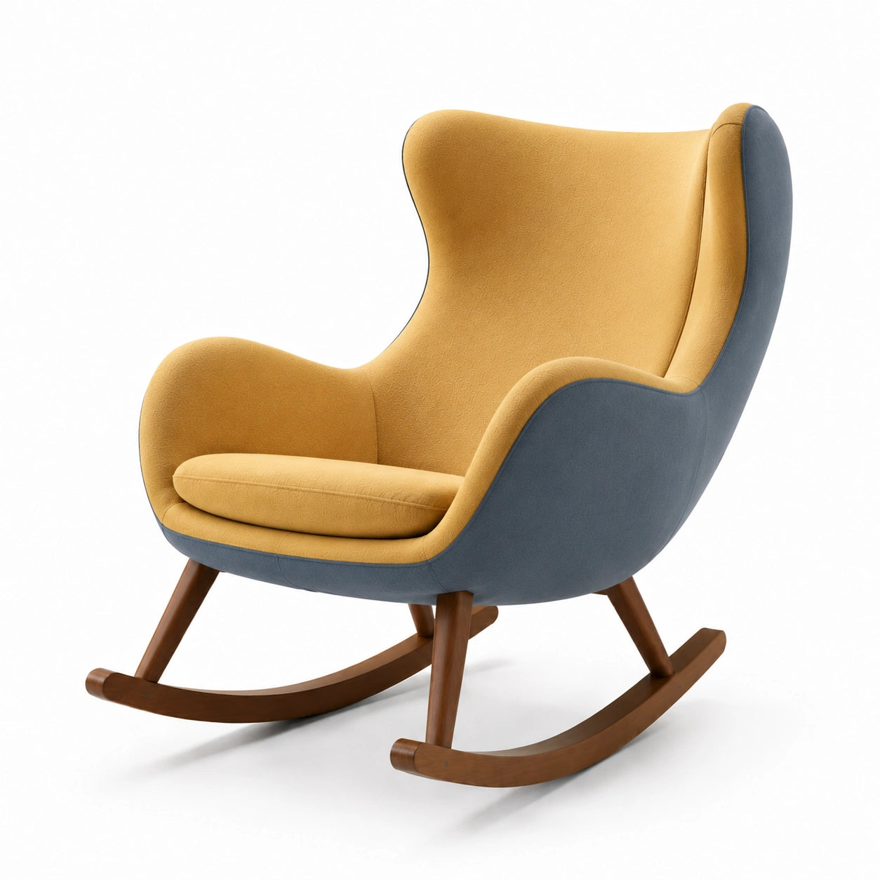 Silla mecedora de madera con tapicería en poliéster amarillo y gris
