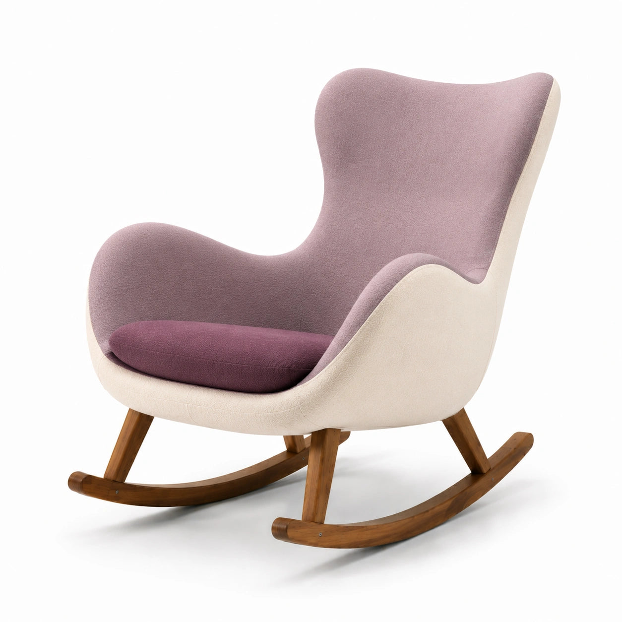 Silla mecedora de tela lavanda y beige con base de madera