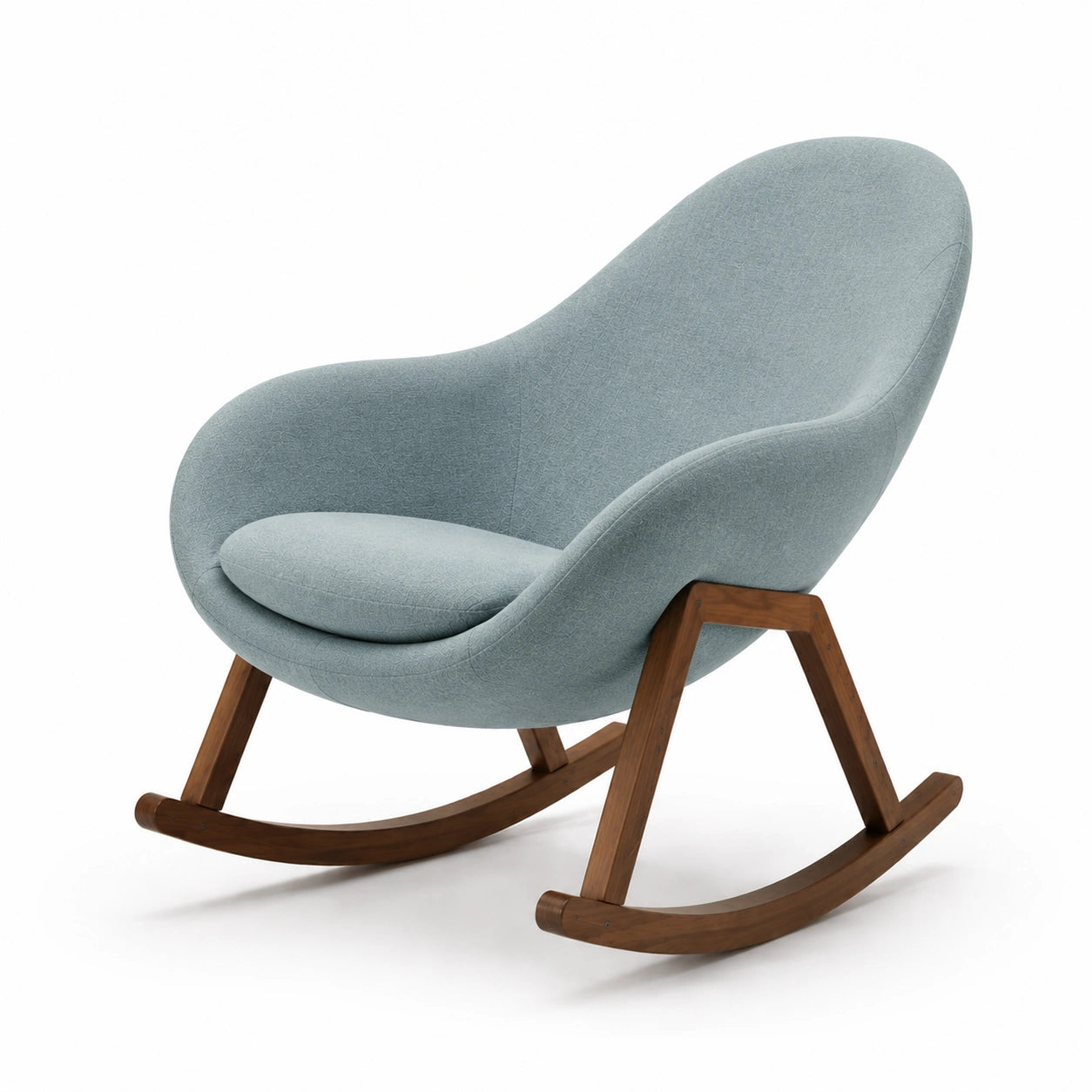 Silla mecedora de tela azul claro con estructura de madera, 80x70x90 cm