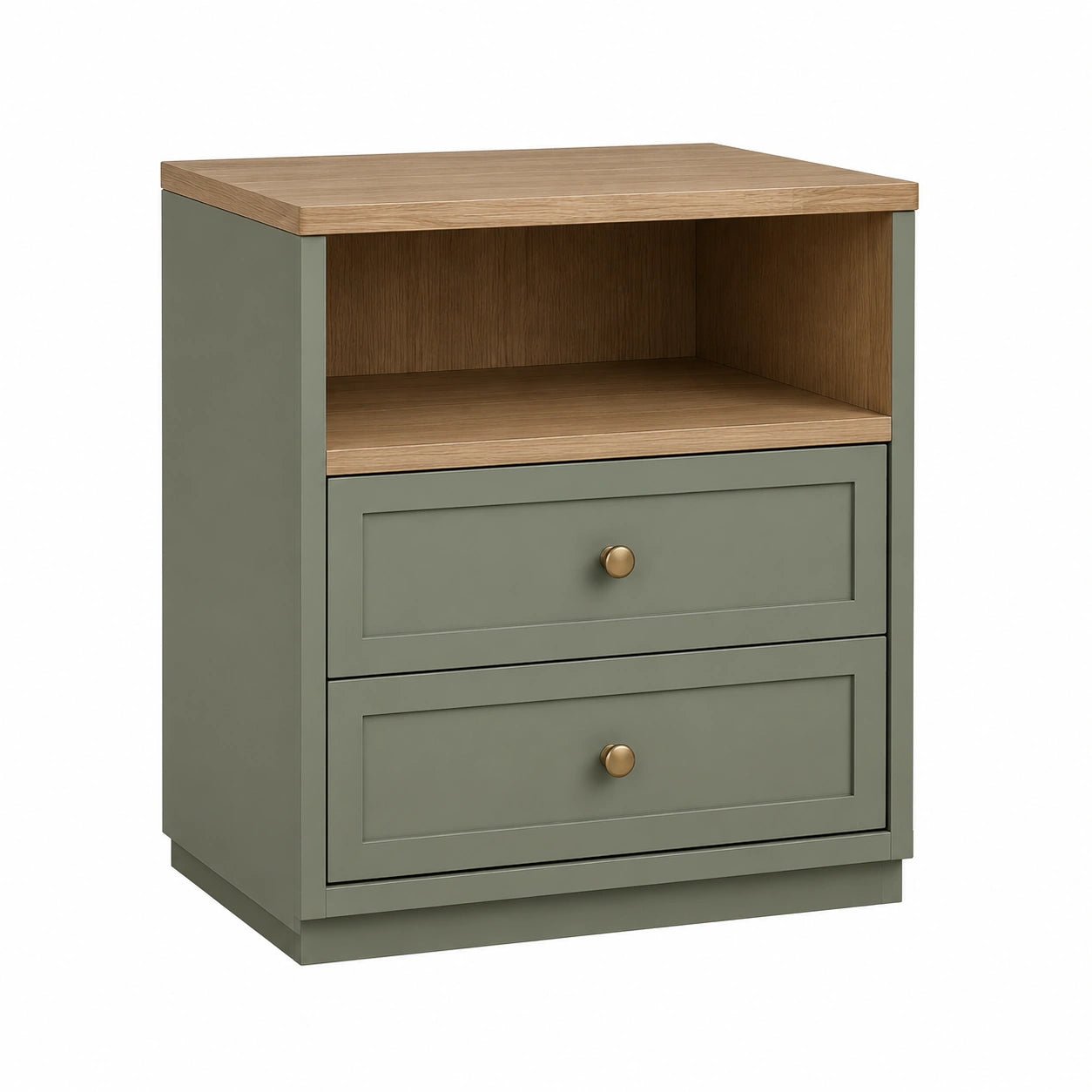 Mesita de noche de MDF y roble verde con estante y dos cajones 60x40x70 cm