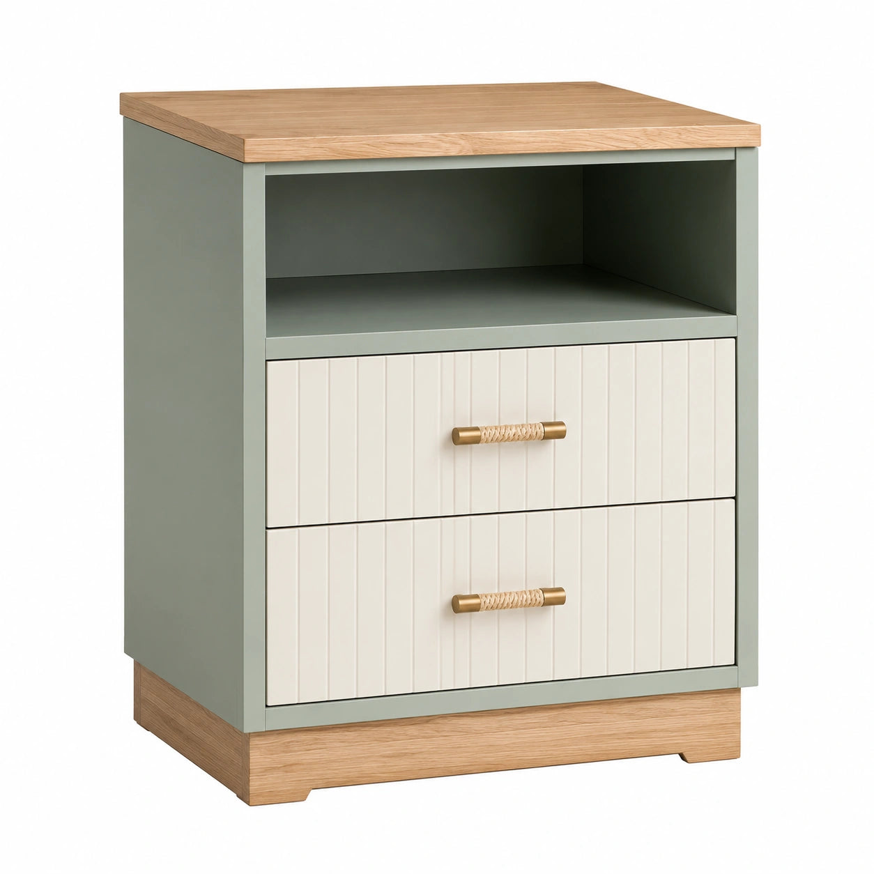 Mesa de noche de madera MDF con chapa de roble, 2 cajones, Verde/Crema