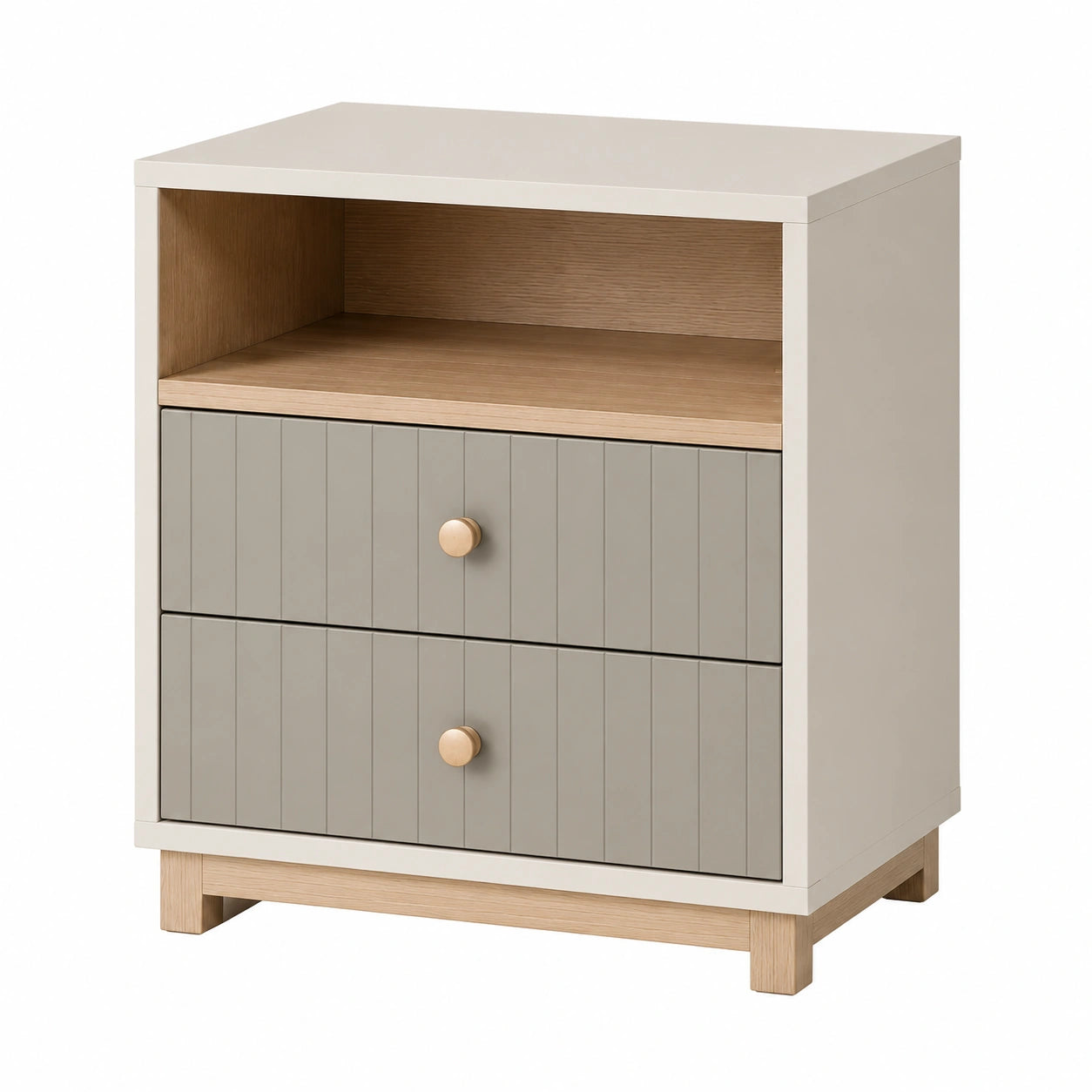 Mesita de noche de madera con cajones gris y beige