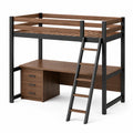 Cama Alta de Madera y Metal con Escritorio y Cajonera, Nogal y Negro, 200x100x180 cm