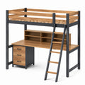 Cama alta con escritorio y cajones de metal y madera