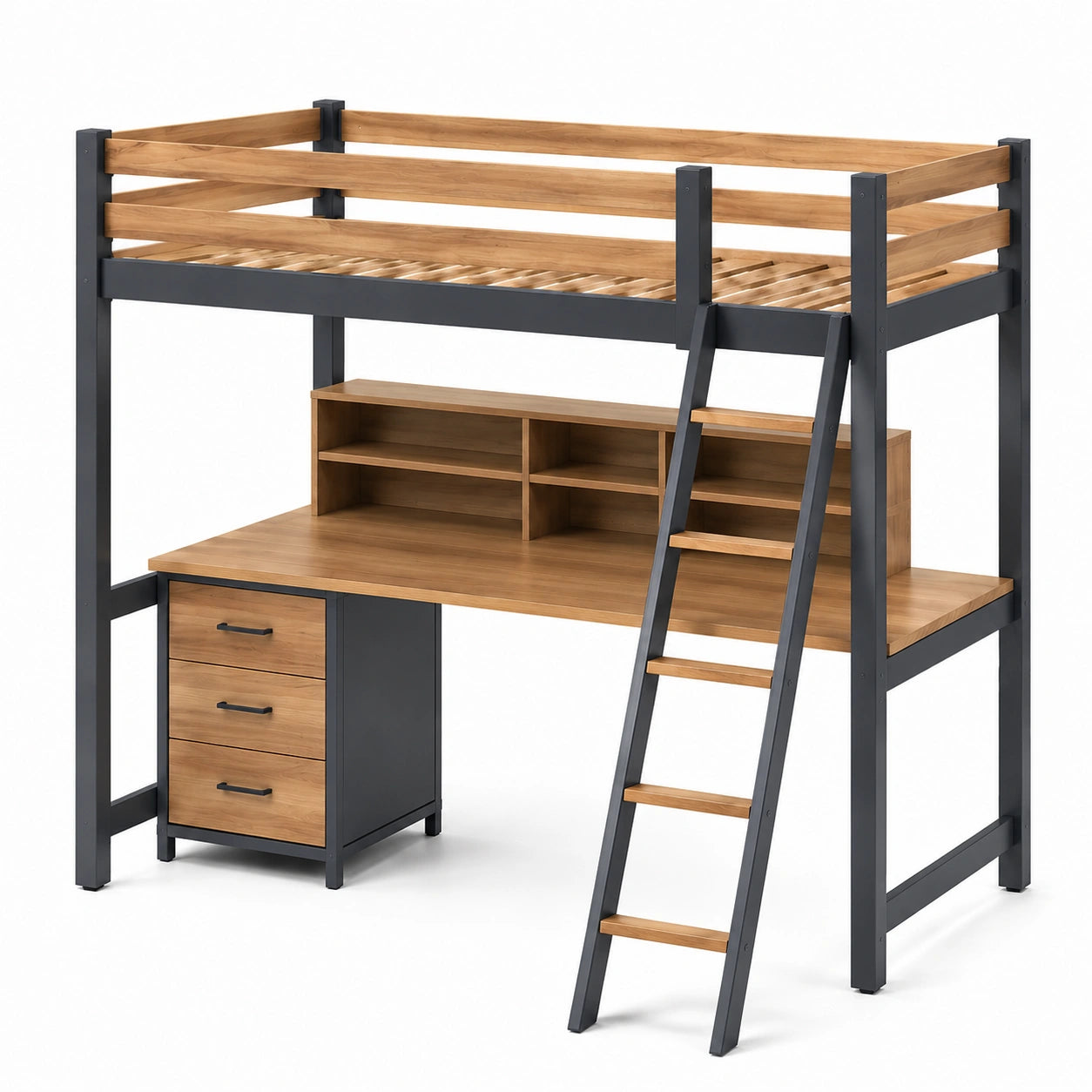 Cama alta con escritorio y cajones de metal y madera