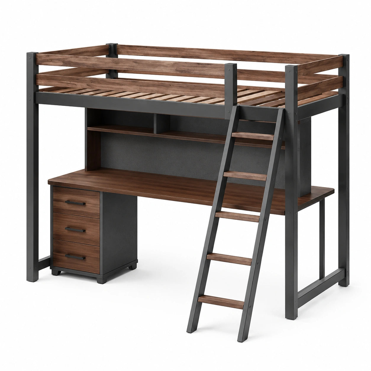 Cama alta de madera y metal con escritorio y estantería Marrón/Gris 198x142x195 cm