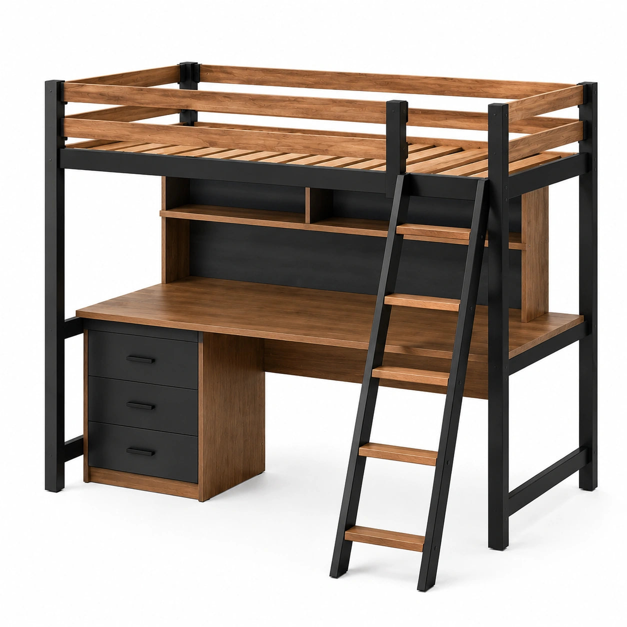 Litera de Madera Contrachapada con Escritorio y Escalera de Acero Marrón/Negro