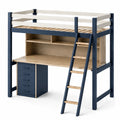 Cama alta de madera y metal con escritorio integrado Azul y Madera clara 200x100x180 cm