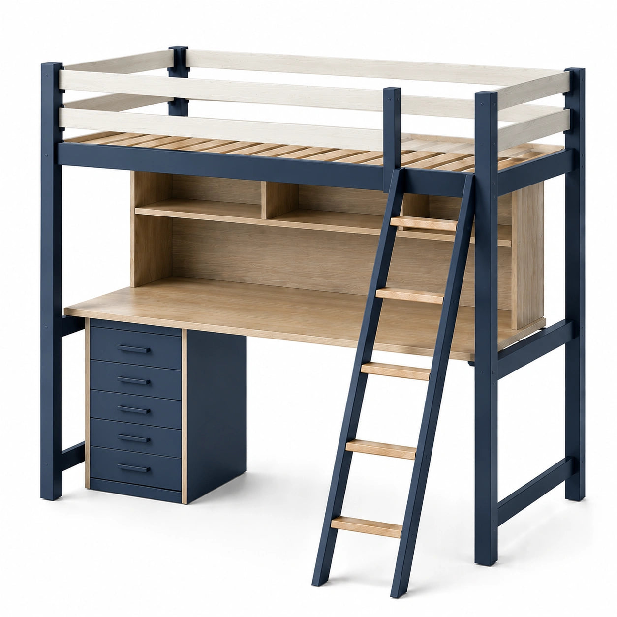 Cama alta de madera y metal con escritorio integrado Azul y Madera clara 200x100x180 cm