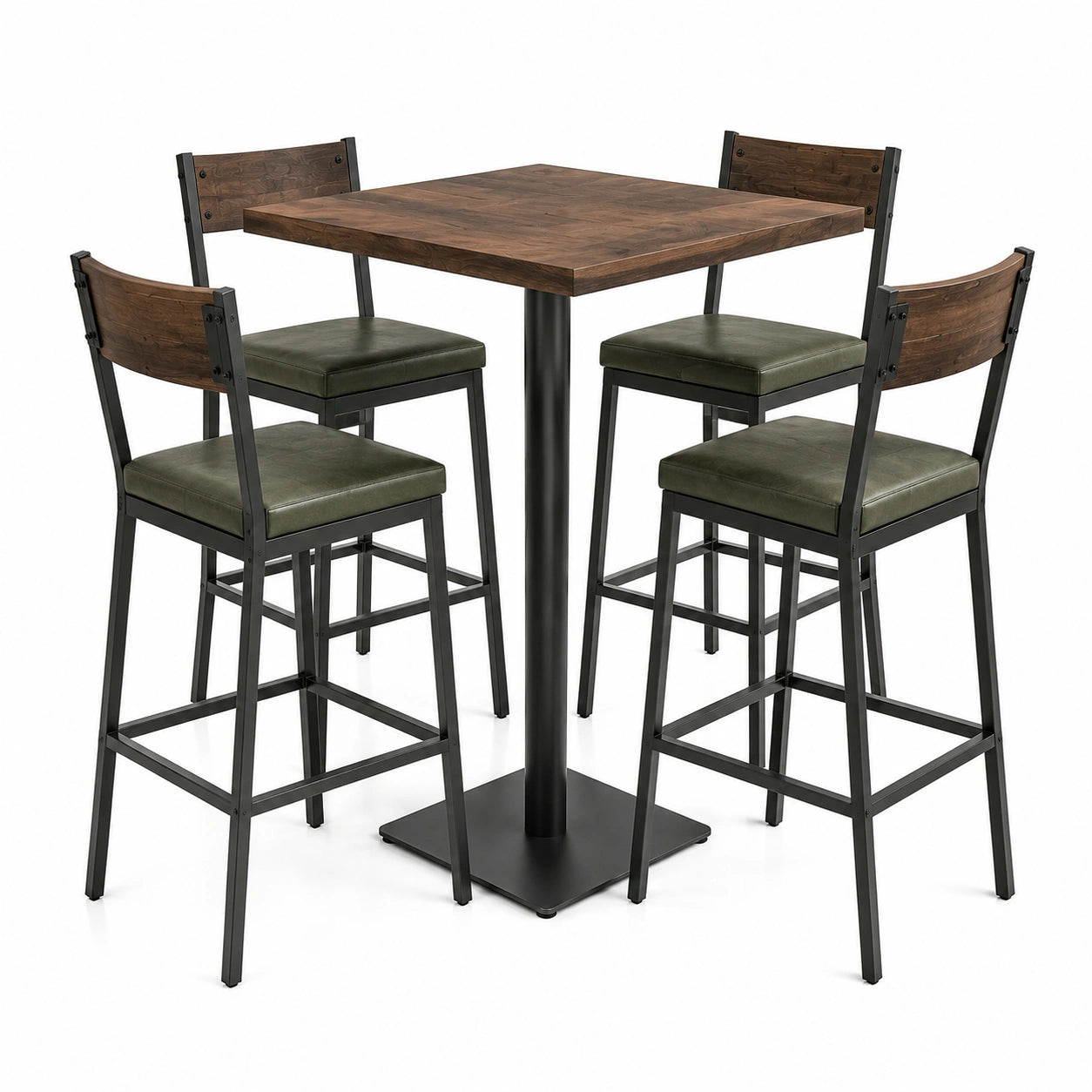 Conjunto de Mesa Alta Cuadrada y Sillas de Bar en Madera y Metal con Asiento Verde