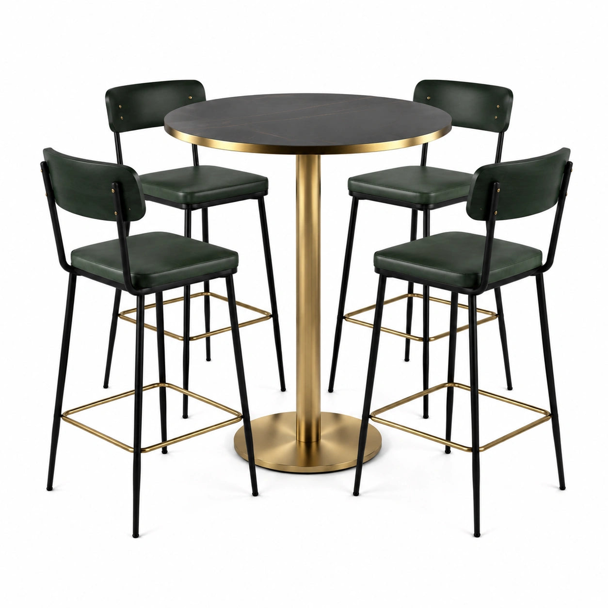 Conjunto de mesa redonda y 4 taburetes de metal y cuero sintético verde