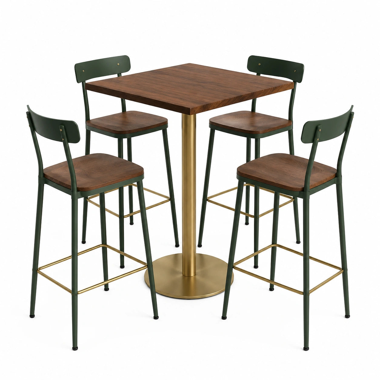 Juego de comedor alto con mesa de madera de nogal y sillas de metal verde