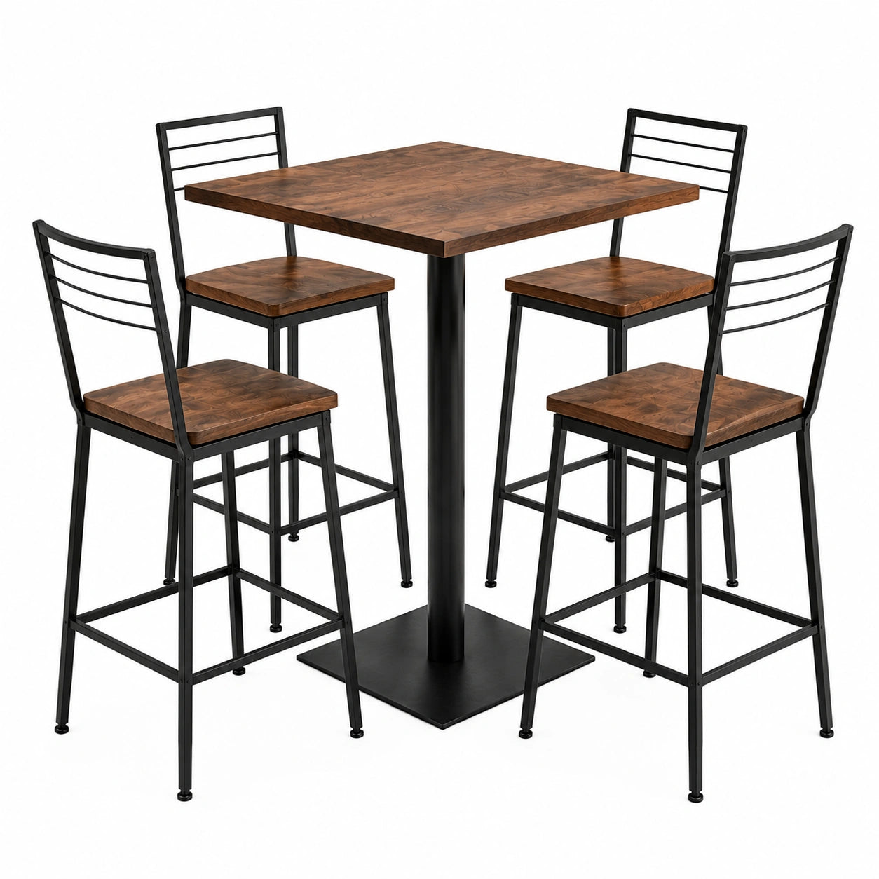 Conjunto de Bar de Madera y Metal con Mesa Cuadrada y 4 Taburetes