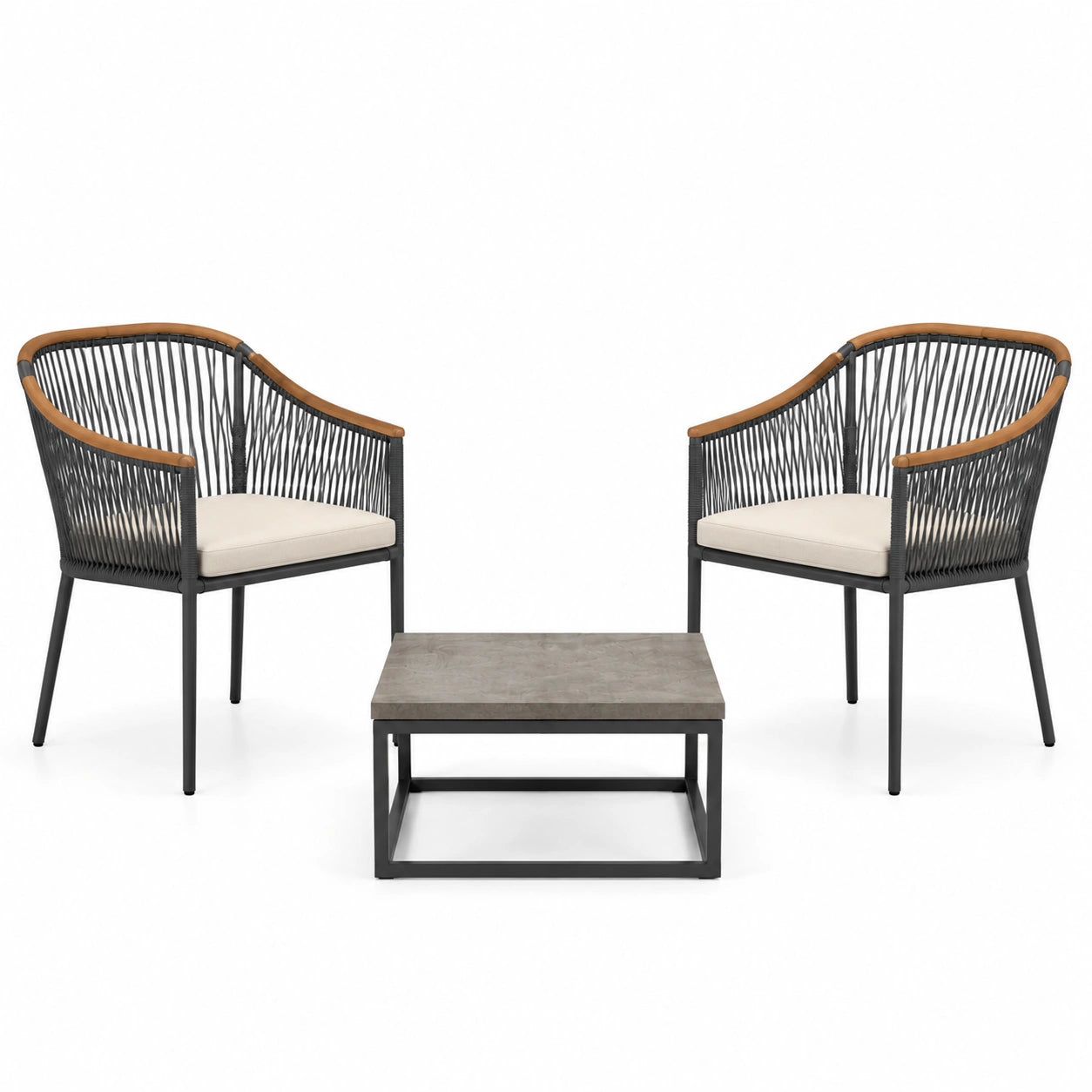 Conjunto de sillas de metal y cuerda con cojines beige y mesa de centro de hormigón