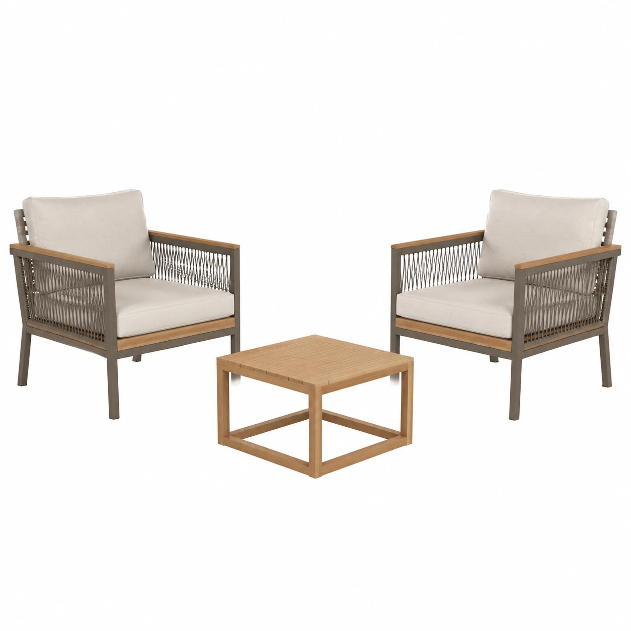 Conjunto de Muebles de Exterior: 2 Sillones y Mesa de Madera y Metal con Cojines Beige