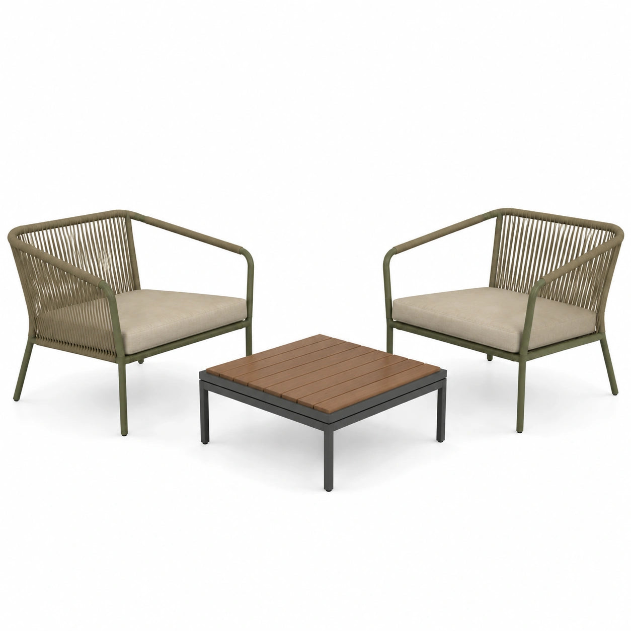 Conjunto de muebles de jardín de 3 piezas: 2 sillas y mesa de centro, verde/metal y madera
