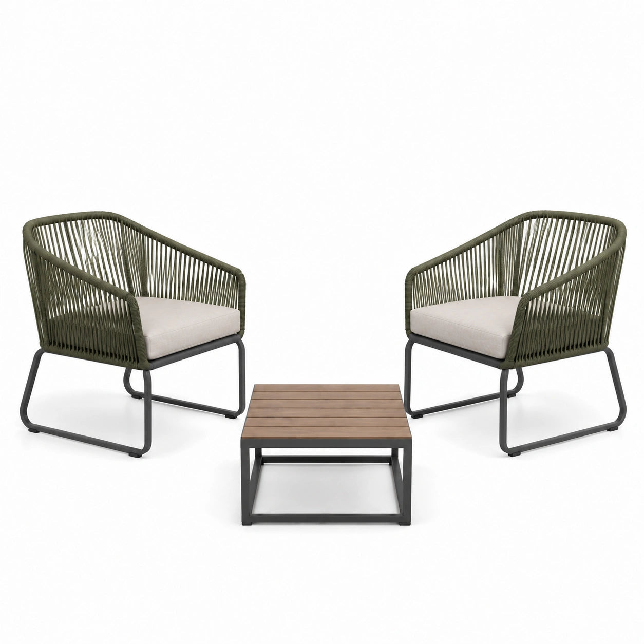 Conjunto de Jardín con Sillas de Cuerda Verde Oliva y Mesa de Madera