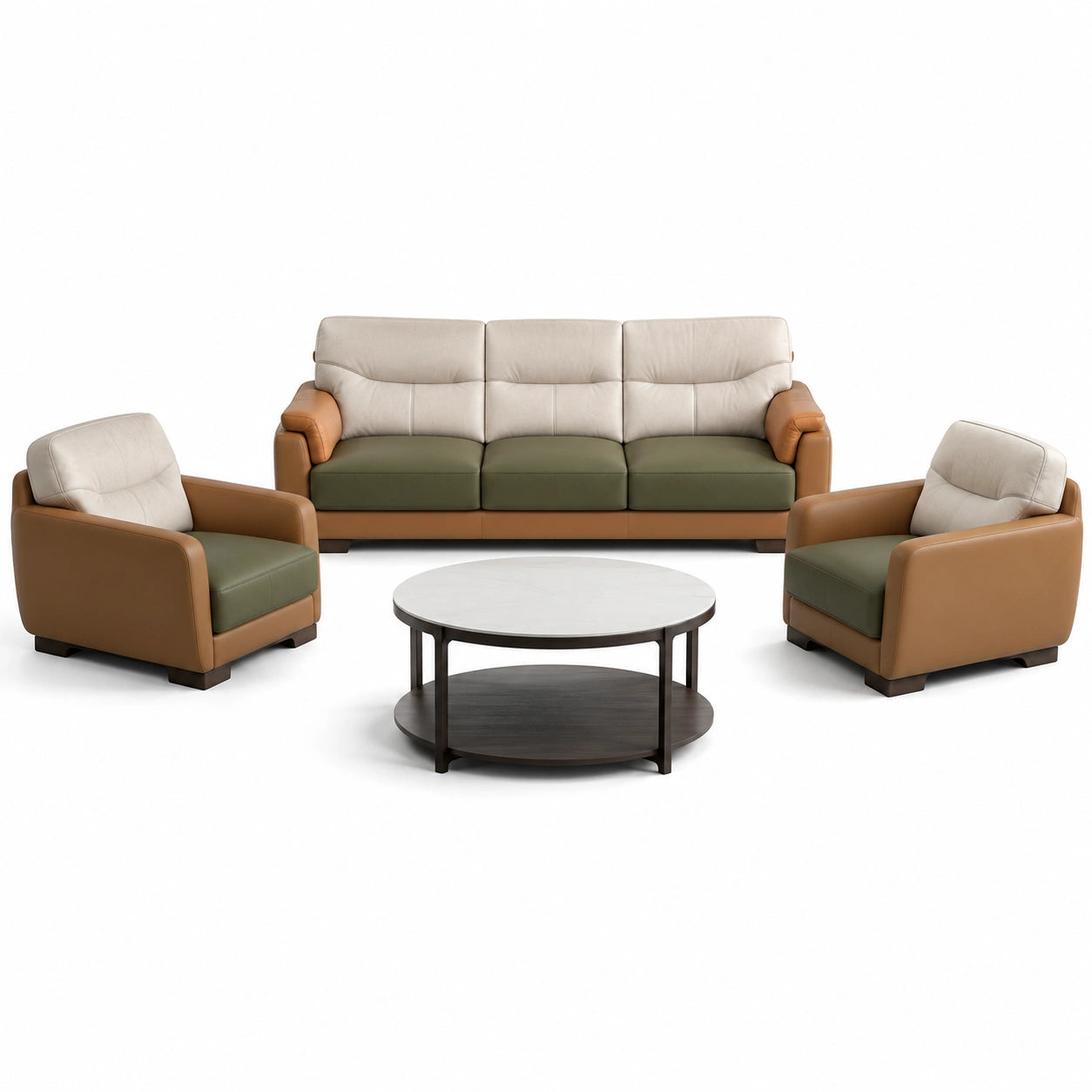 Conjunto de Sofá de 3 Plazas y Sillones de Cuero Sintético con Mesa Redonda