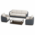 Conjunto de Sofás de Cuero Sintético Azul y Beige con Mesa de Centro de Mármol