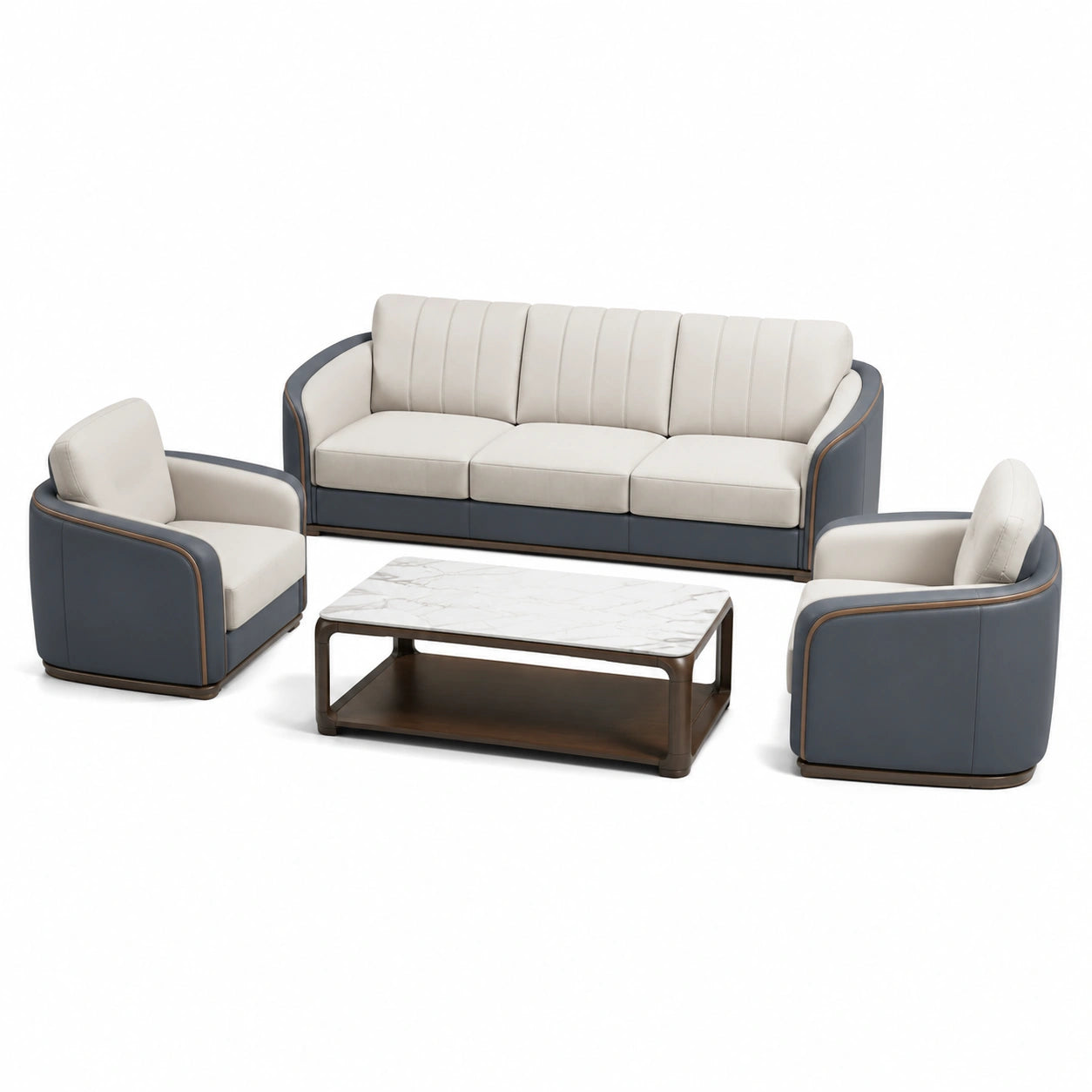 Conjunto de Sofás de Cuero Sintético Azul y Beige con Mesa de Centro de Mármol