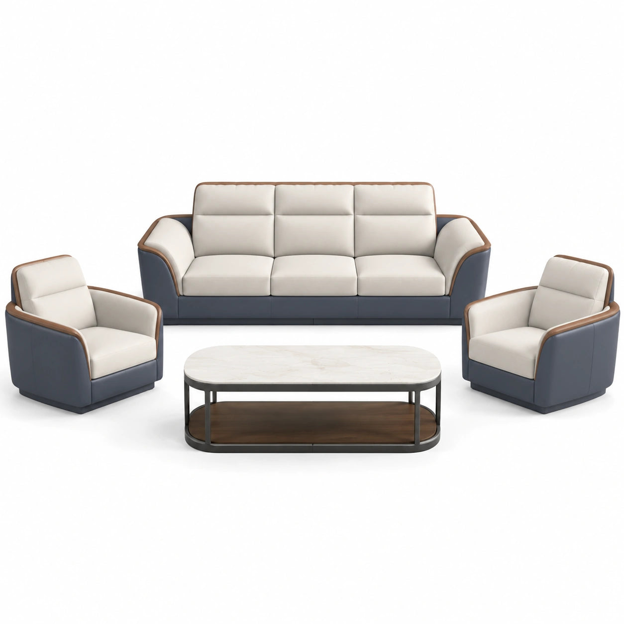 Conjunto de Sofá de Piel Sintética Crema/Azul con Mesa de Centro de Mármol y Metal