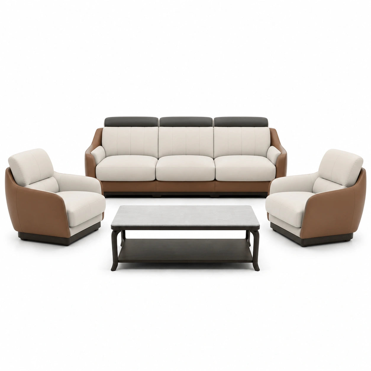 Conjunto de Sofás de Cuero PU y Tela Beige con Mesa de Café