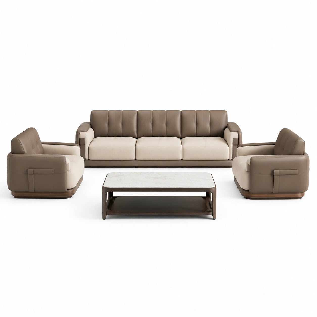 Conjunto de Sofás de Cuero Beige y Marrón con Mesa de Mármol