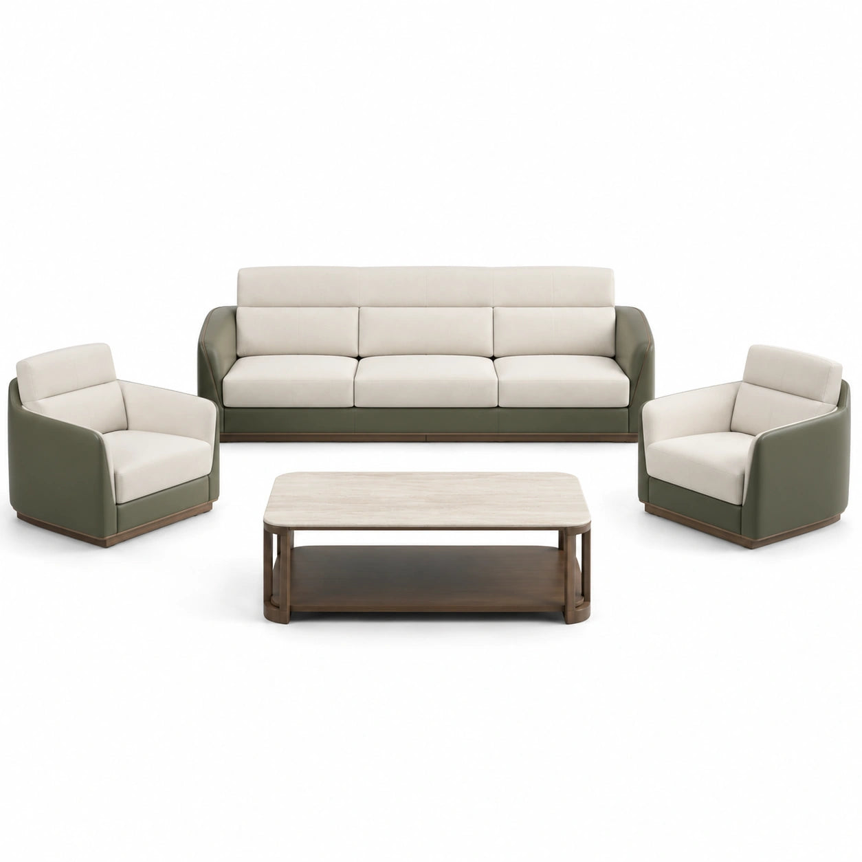 Conjunto de Sofá 3 Plazas y Sillones en Tela y Cuero Sintético Beige y Verde