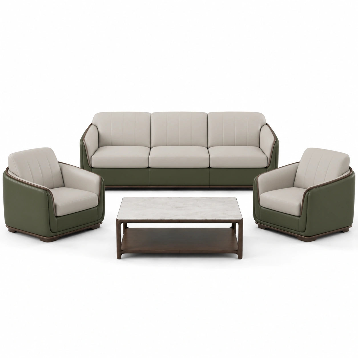 Juego de Sofás 3+1+1 con Mesa de Centro en Cuero y Mármol Beige/Verde