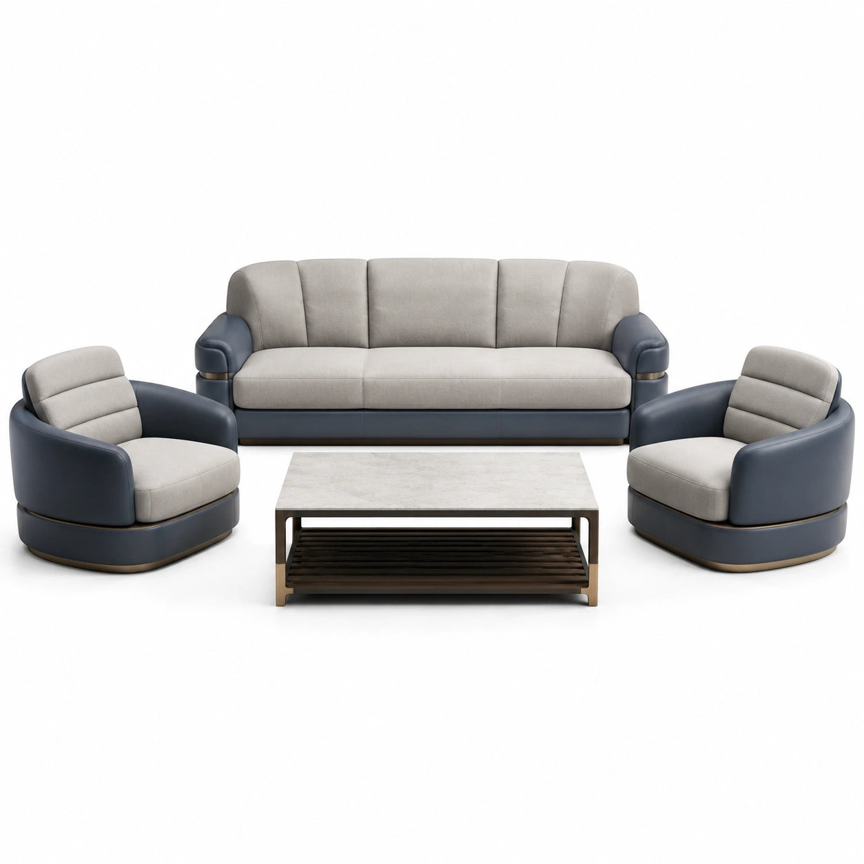 Set de Sofá y Sillones en Poliéster Gris y Cuero PU Azul con Mesa de Mármol