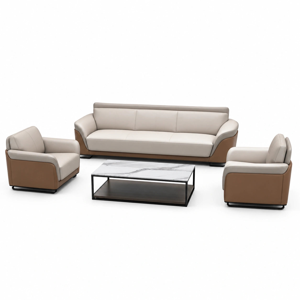 Conjunto de Sofás de Cuero Sintético Beige y Marrón con Mesa de Centro de Mármol