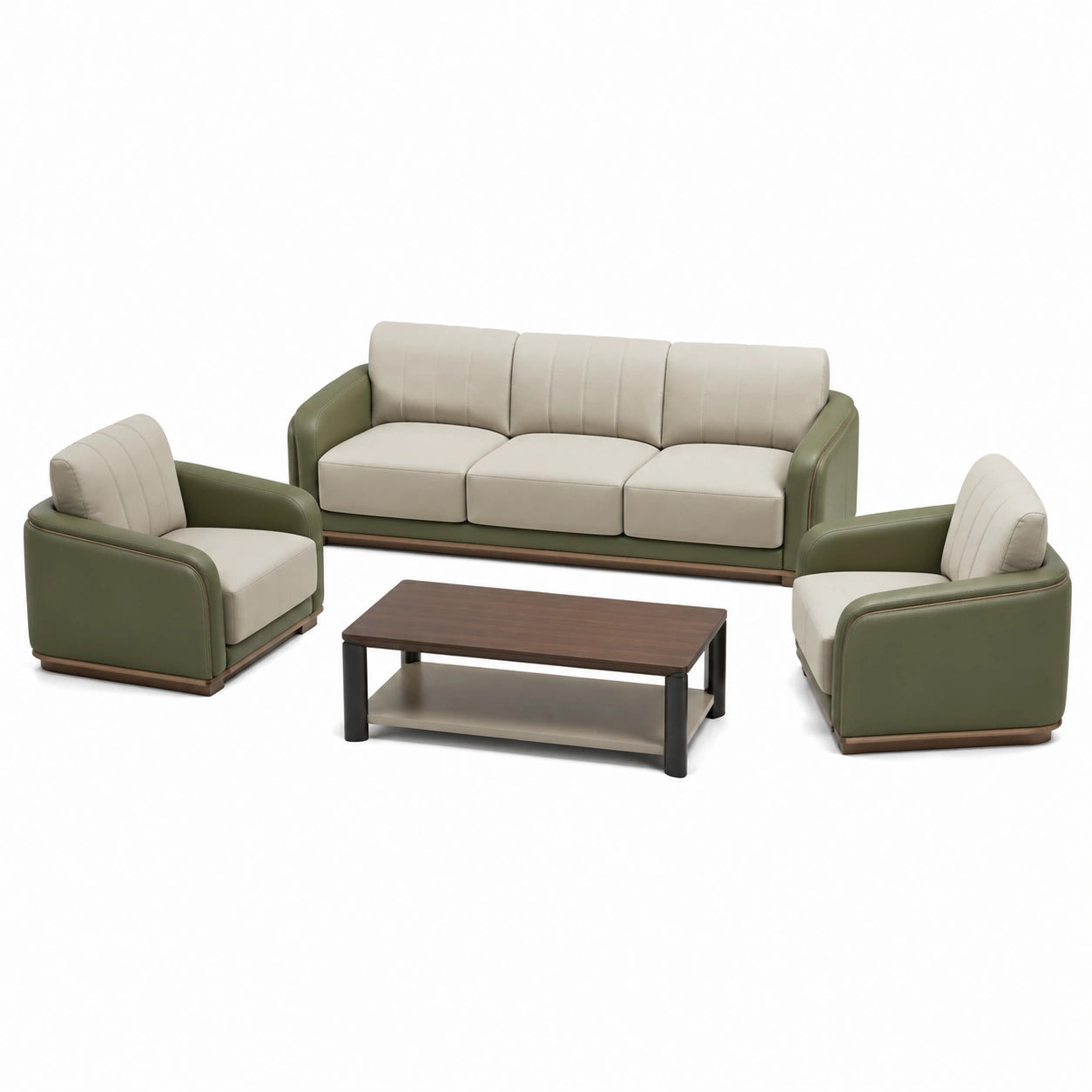 Juego de Sofá de 4 Piezas en PU Beige y Verde con Mesa de Centro de Madera