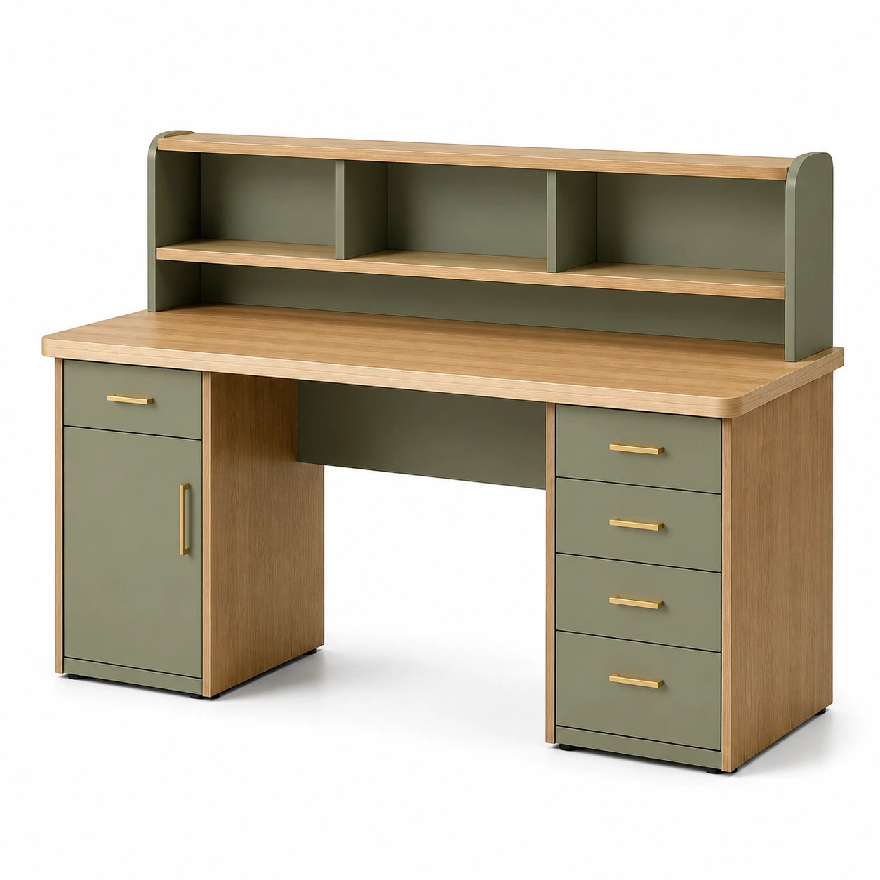Escritorio de MDF y Madera con Cajones y Estantes Verde/Roble