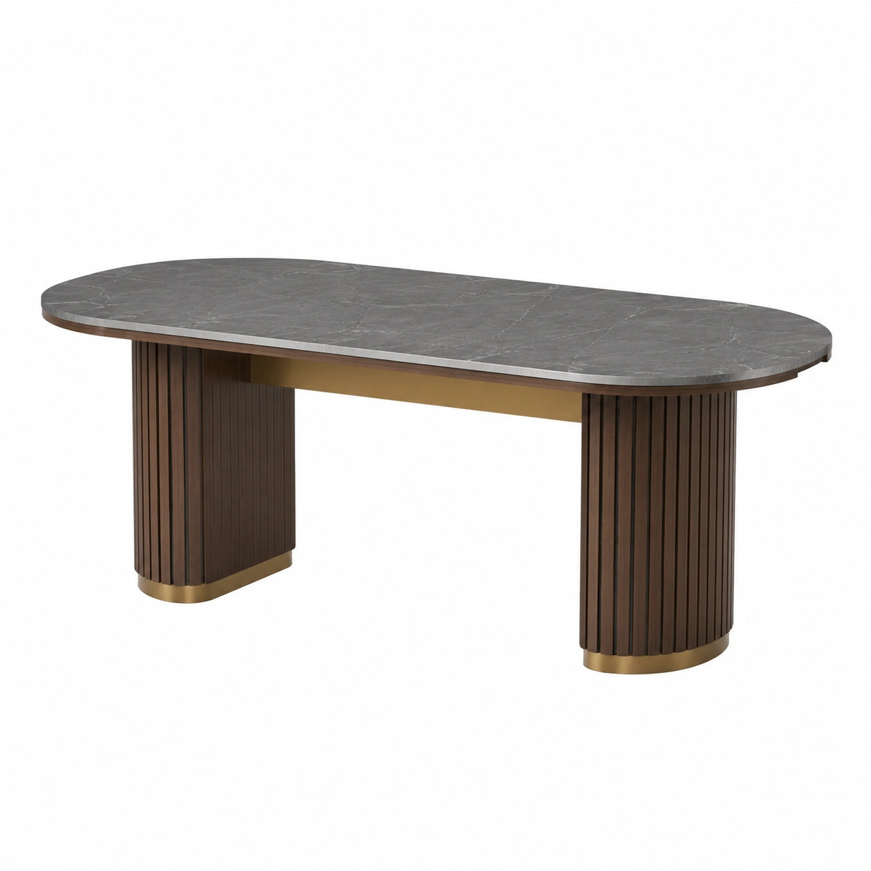 Mesa Ovalada de Mármol y Madera con Detalles Metálicos