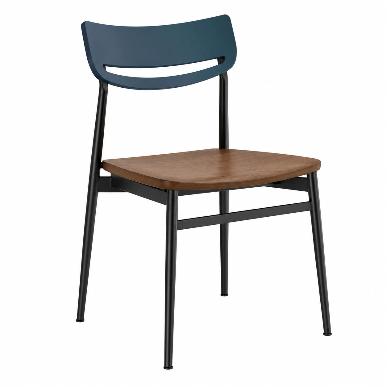 Silla de comedor de acero, madera y plástico azul