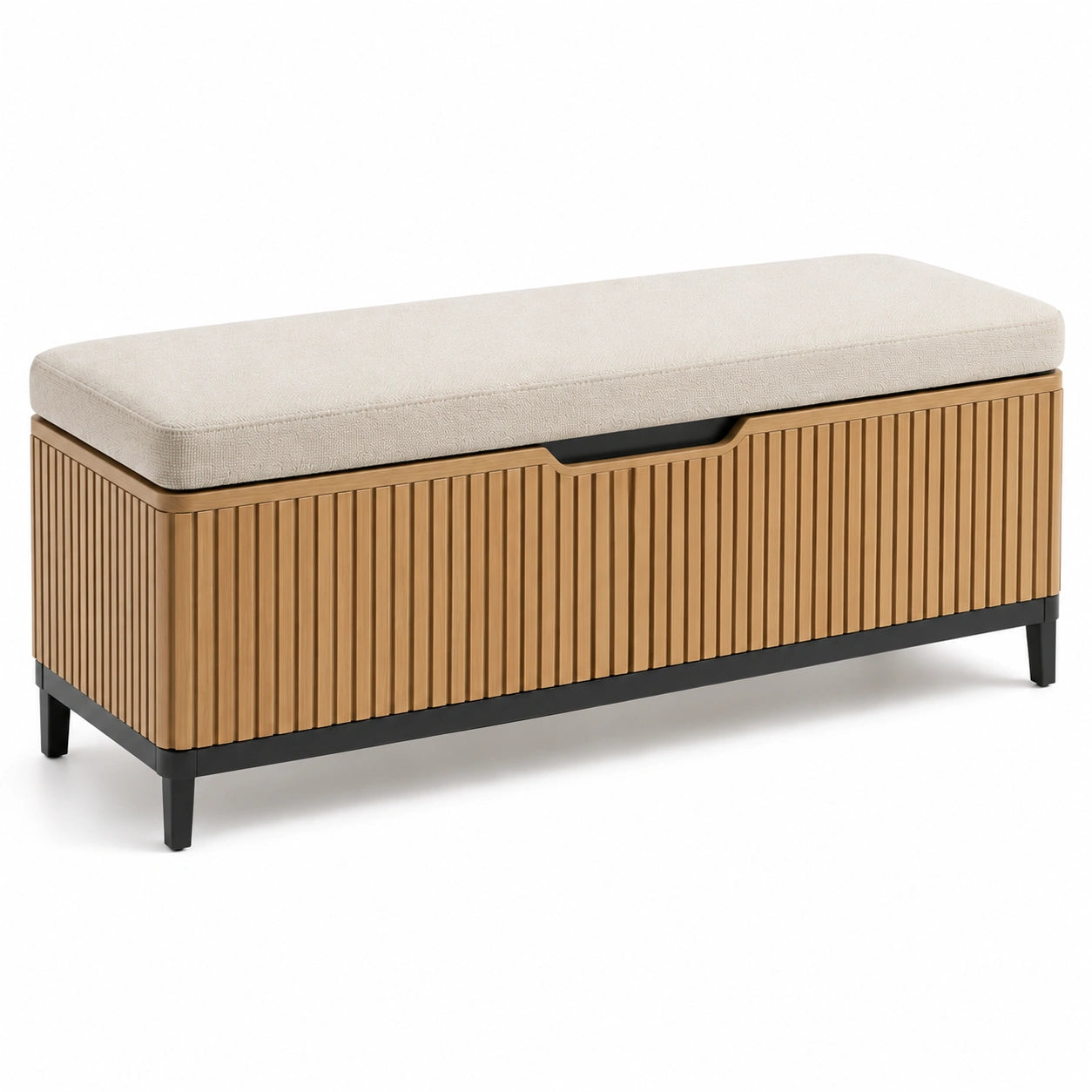 Banco de madera y metal con cojín de tela beige 120x40x45 cm