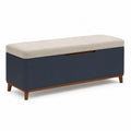 Banco de almacenamiento madera y MDF con asiento acolchado beige y azul