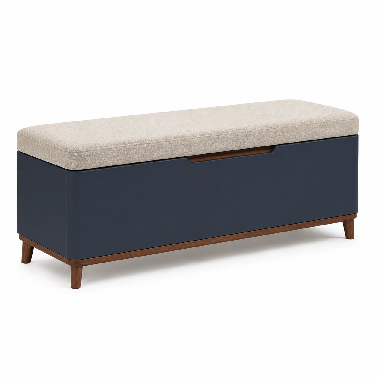 Banco de almacenamiento madera y MDF con asiento acolchado beige y azul