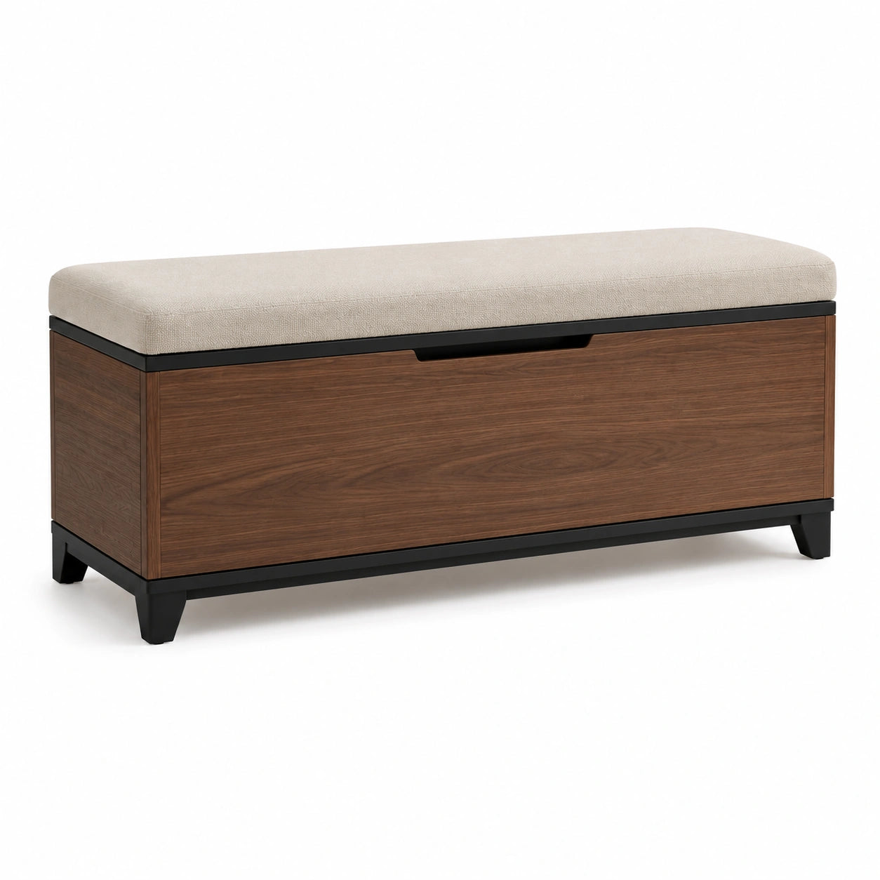 Banco de almacenamiento de madera con cojín de lino y patas de metal