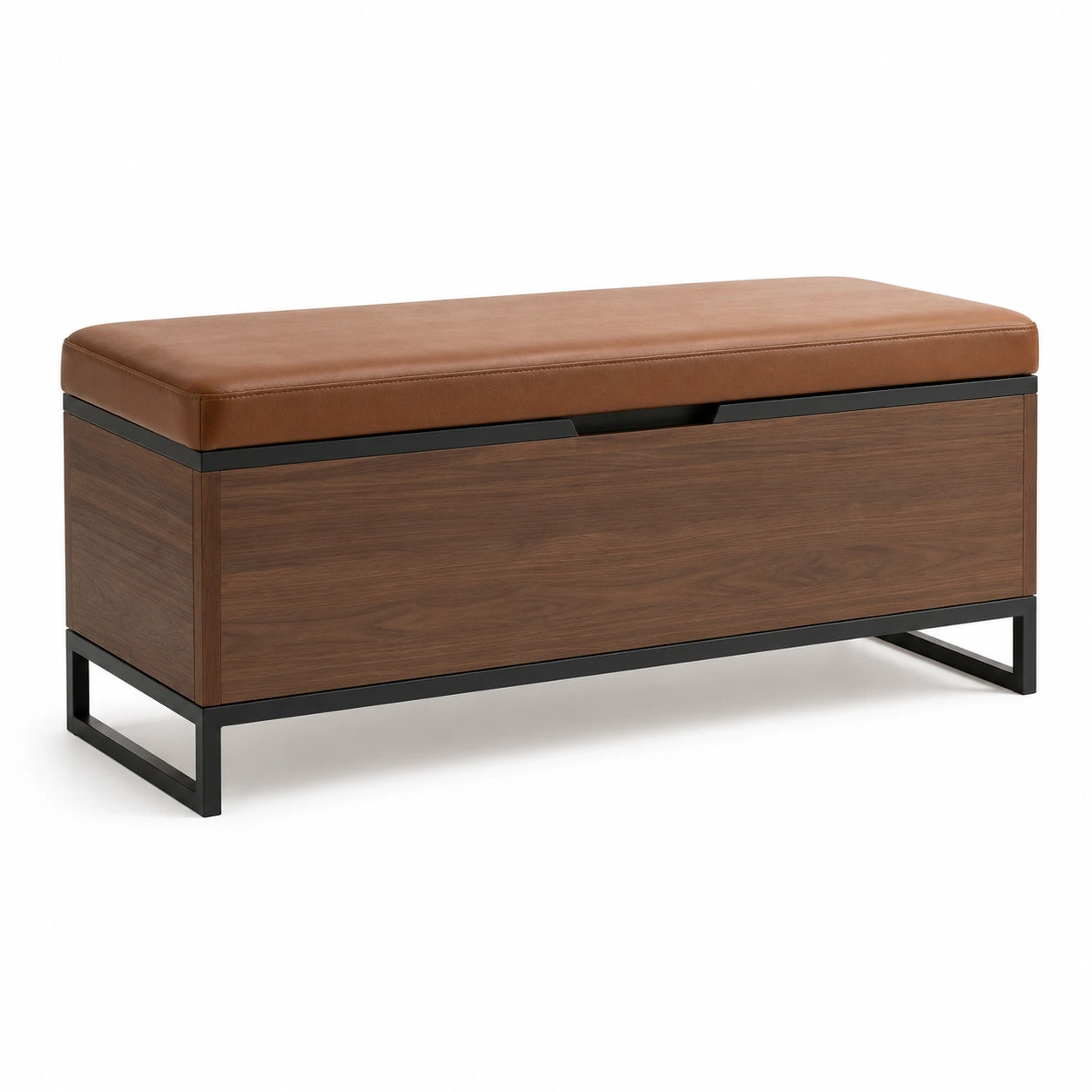 Banco de almacenamiento de madera y cuero sintético con base de metal